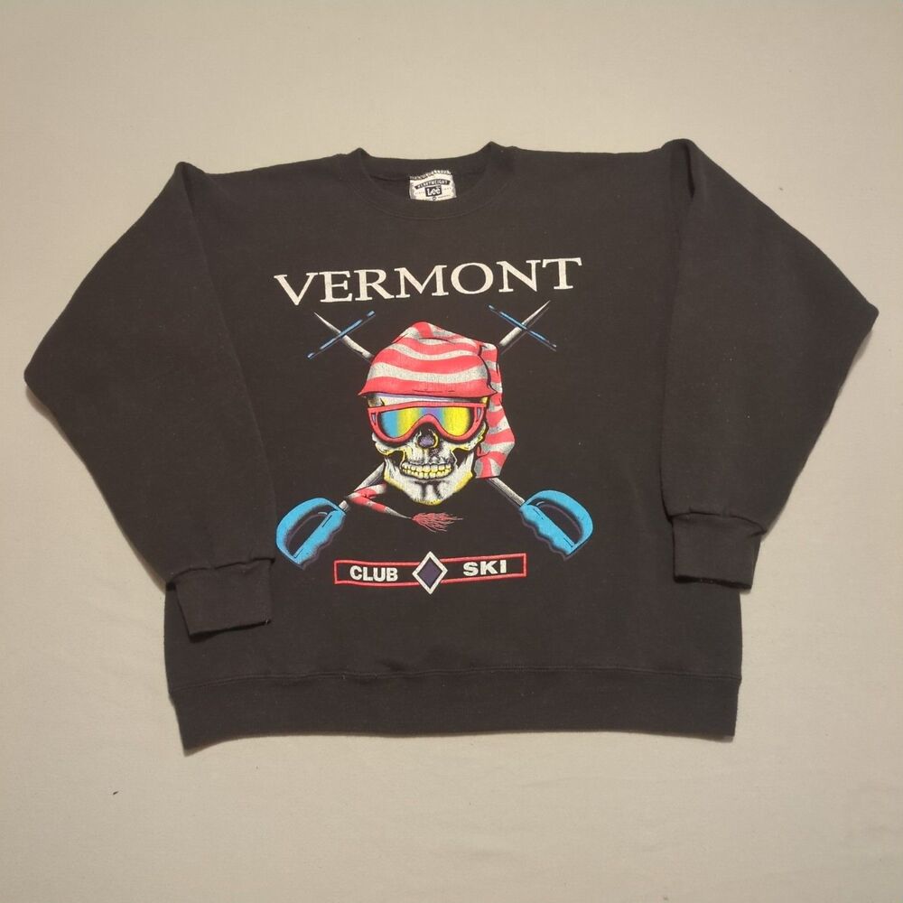 Vintage 80s Lee Vermont Club Ski Skull Graphic Sweatshirt Black USA Made Medium